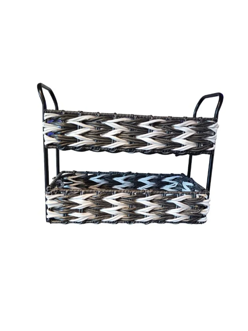 2-Tier Black/White Woven Basket Storage Organizer | NWOT